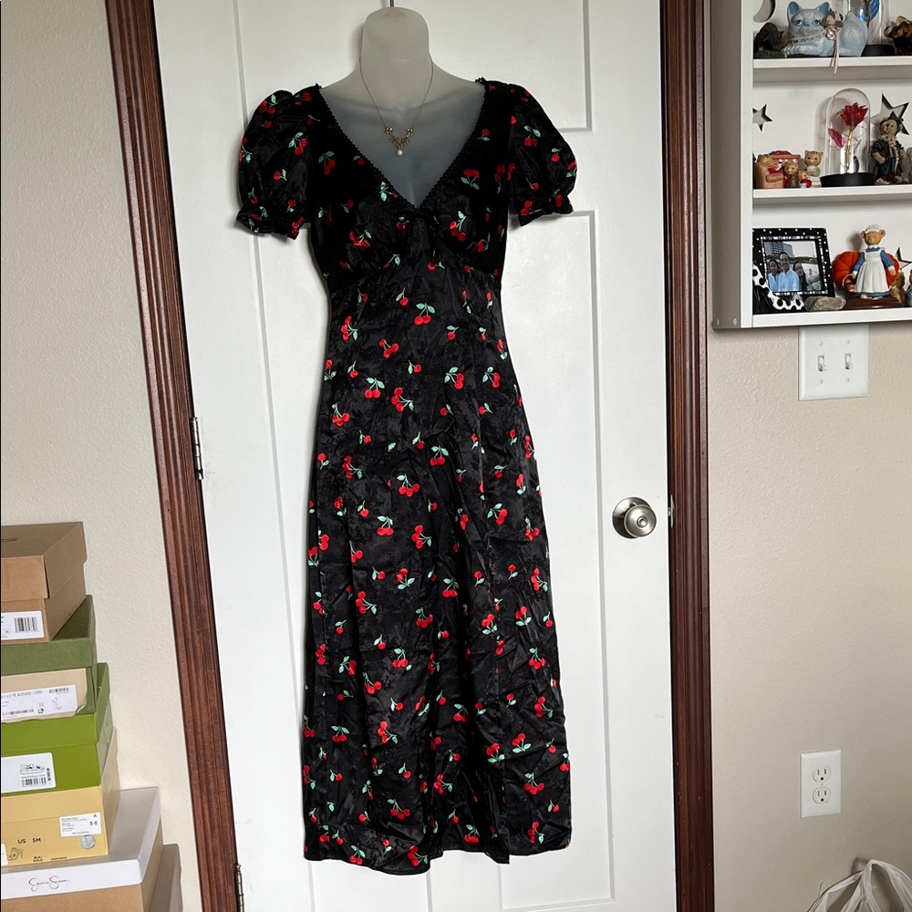 Crystal Doll Black Maxi Dress with Red Floral Pattern
